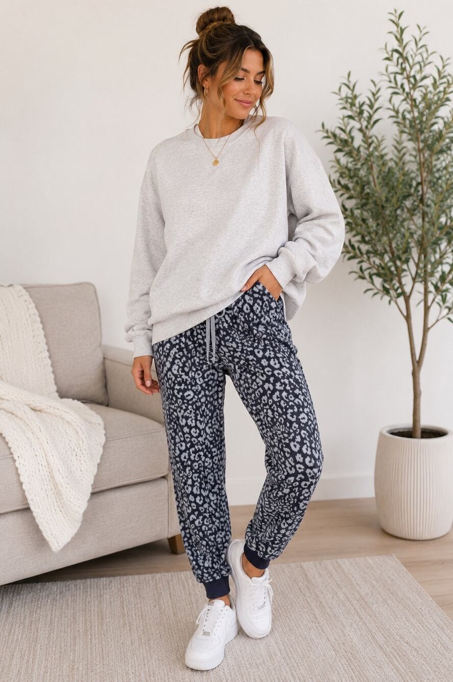 Free Press Gray Leopard Print Fleece Jogger Sweatpants Size Small Cozy Lounge